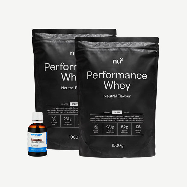nu3 Performance Whey, Neutral + MyProtein FlavDrops, Schoko