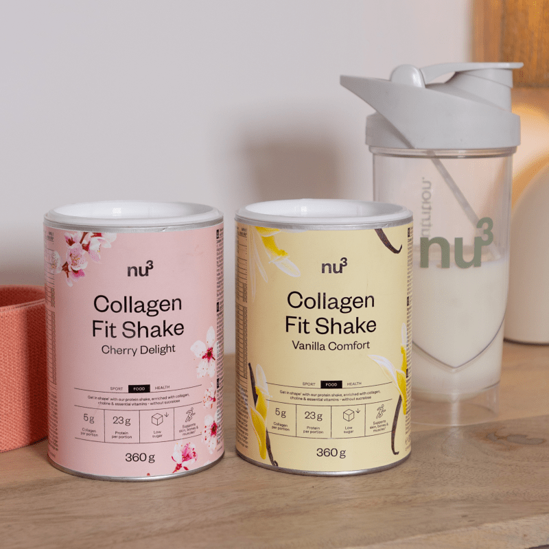 nu3 Collagen Fit Shake Sortiment und Shaker